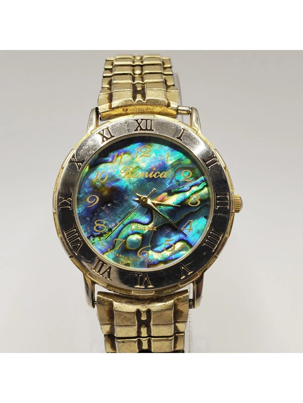 Ronica Watch Women 33mm Abalone MOP Dial Gold Tone Stretch Band New Battery